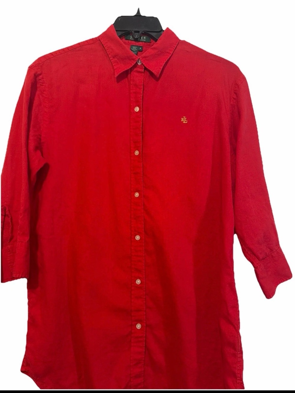 Lauren Ralph Lauren Red 100% Linen Button Up Blouse LRL Logo Size M 3/4 sleeves
